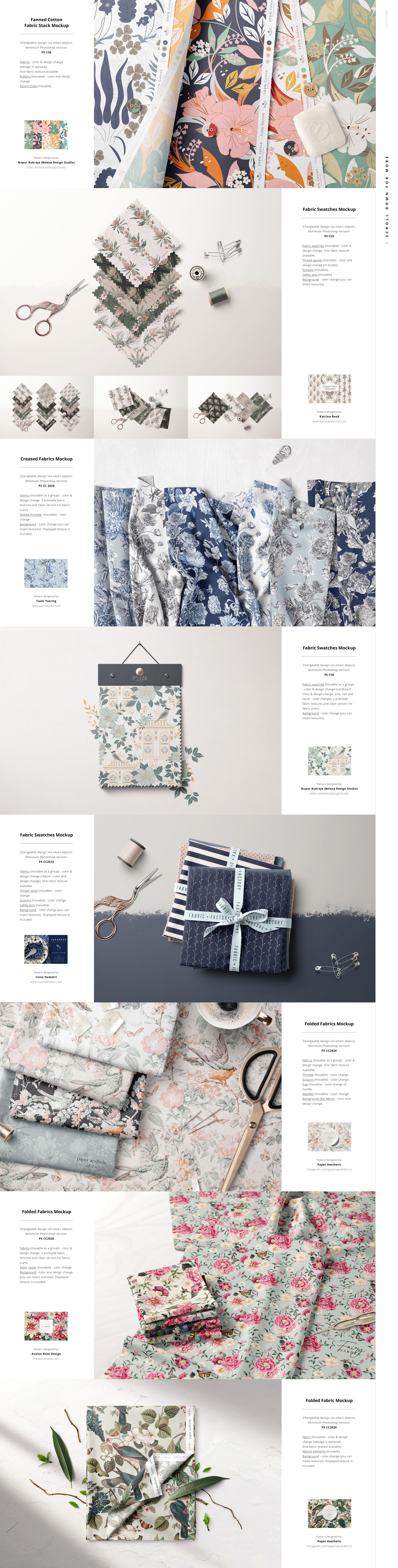 Fabric Factory v.6 mockup bundle featuring multiple fabric swatches and bolts in different patterns and colors.