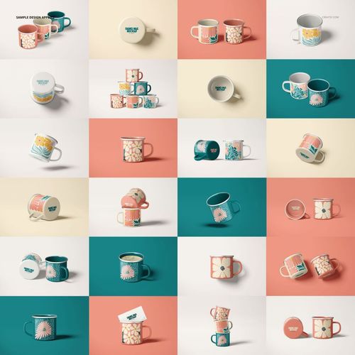 Grid of enamel mugs mockups featuring various floral and geometric designs in pastel colors, shown from multiple angles.