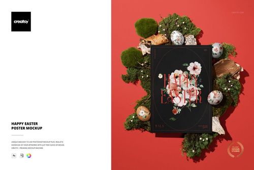 Easter poster mockup with floral design, surrounded by decorated eggs and green moss on a red background, top view.