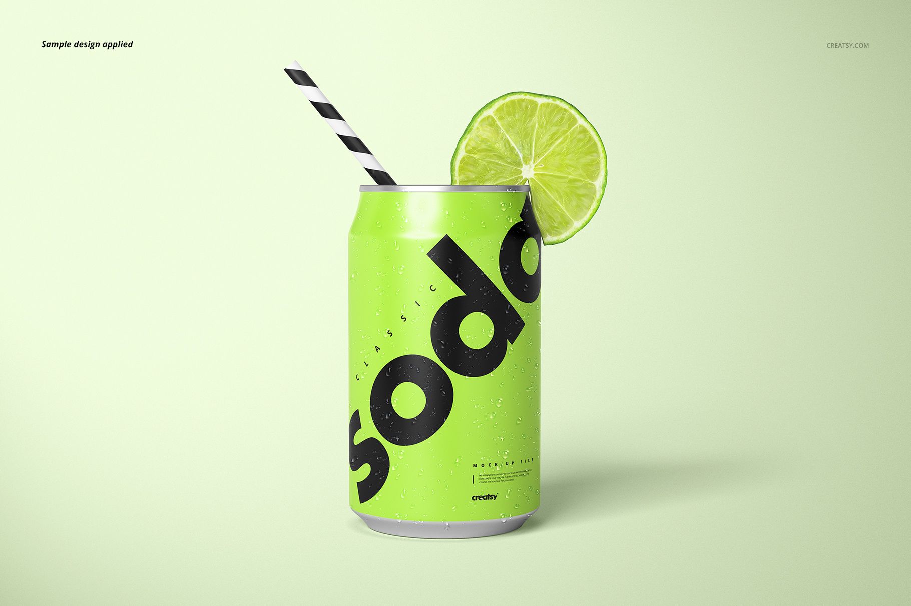Front view of a green drink can mockup with black lettering, water drops, striped straw, and lime garnish.