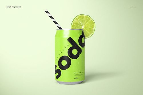 Front view of a green drink can mockup with black lettering, water drops, striped straw, and lime garnish.
