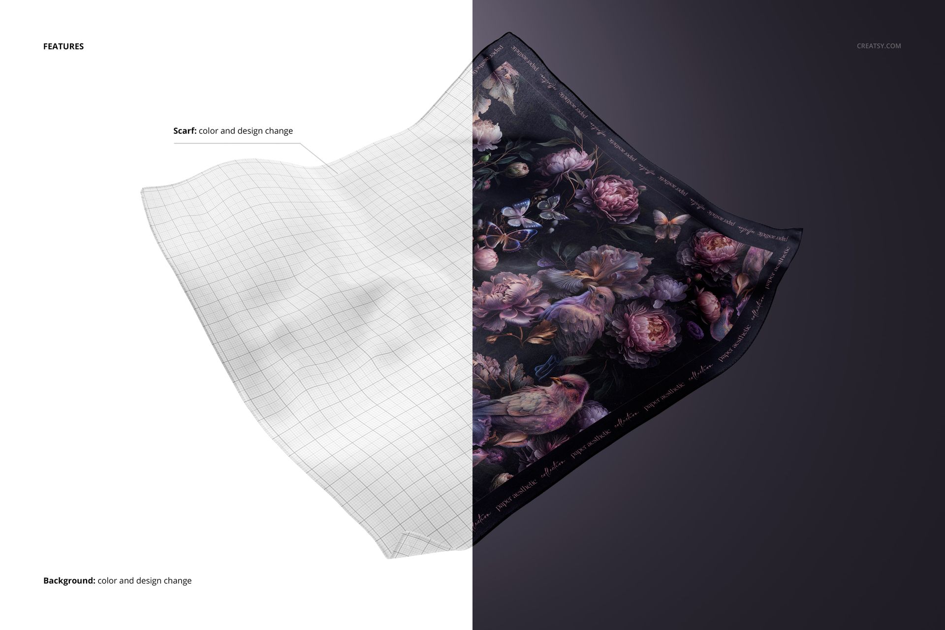 Floating square silk scarf mockup showing half with grid pattern and half with floral design, viewed from above.
