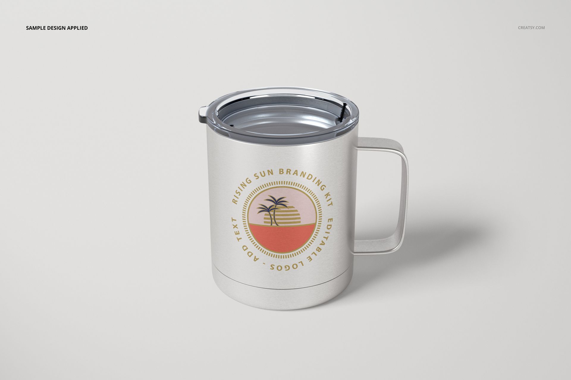 10oz stainless steel coffee cup with white exterior and silver interior, featuring a round logo design, front view on white surface.