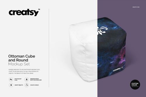 Cube ottoman mockup featuring a white panel and a colorful galaxy design panel, displayed on a plain white surface.