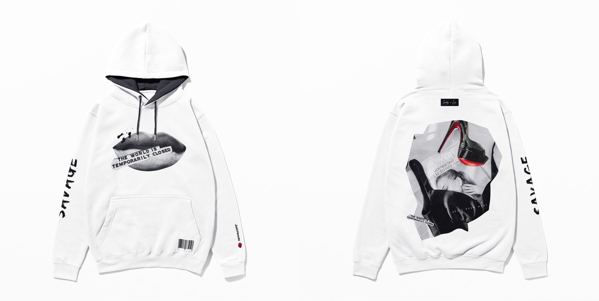 White hoodie mockup set shown from front and back, displaying large black and gray artwork and sleeve text.