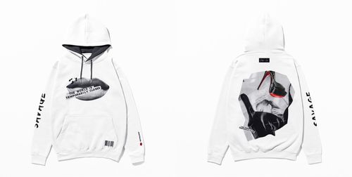 White hoodie mockup set shown from front and back, displaying large black and gray artwork and sleeve text.