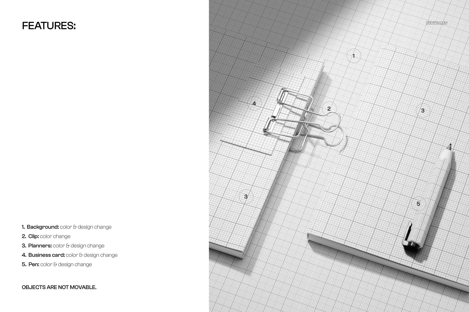 PSD mockup showing two planners with grid covers, a blank business card, binder clips, and a pen from above.