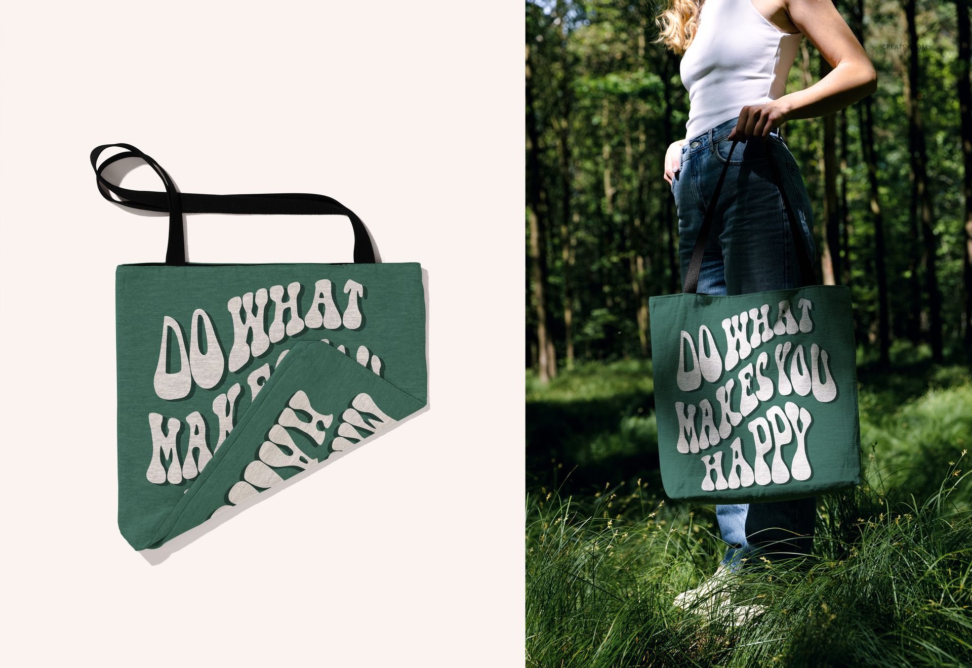 PSD mockup of a woven tote bag with graphic white text, pictured both folded and carried by a model in a sunlit forest scene.