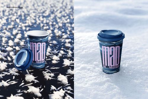 Winter paper cups mockup with blue lids, featuring large text designs, displayed on snow and ice backgrounds.