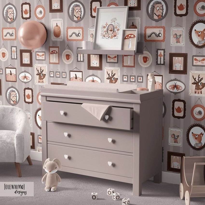 Baby room changing pad mockup showing a taupe dresser with heart-shaped knobs, animal-themed wallpaper, and soft toys.