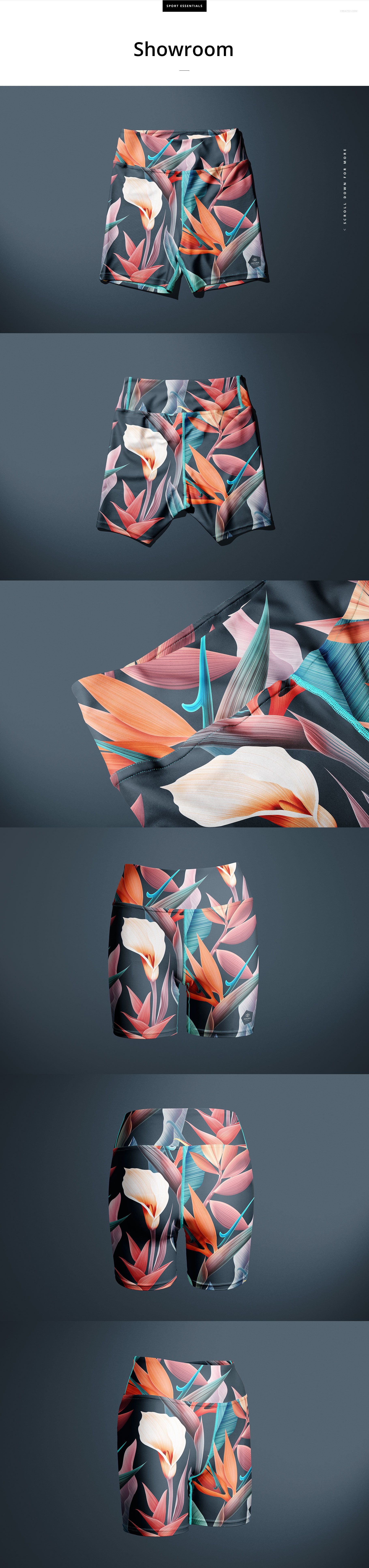 PSD mockup of all-over print yoga shorts featuring colorful botanical designs, shown from multiple angles.