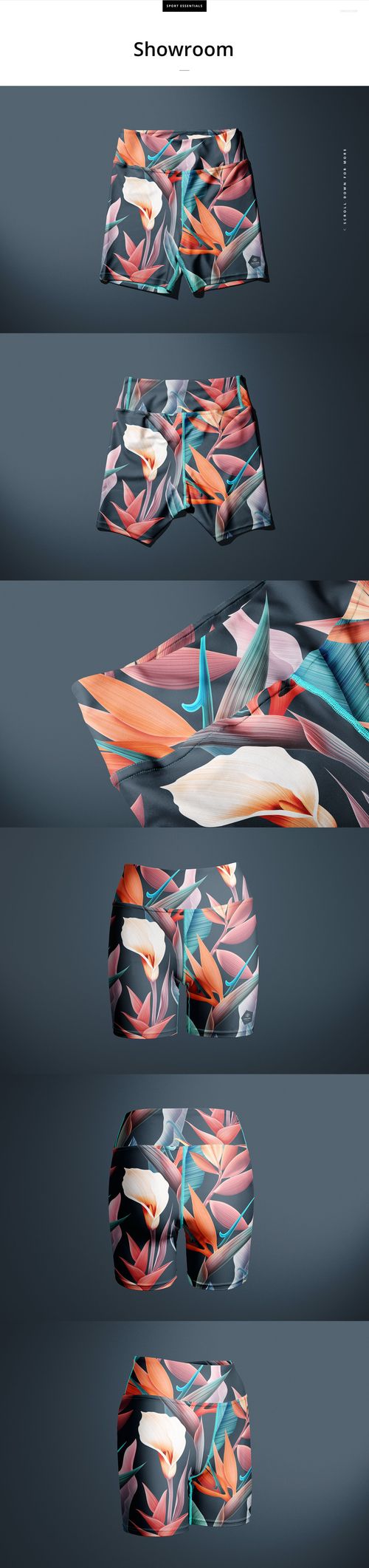 PSD mockup of all-over print yoga shorts featuring colorful botanical designs, shown from multiple angles.