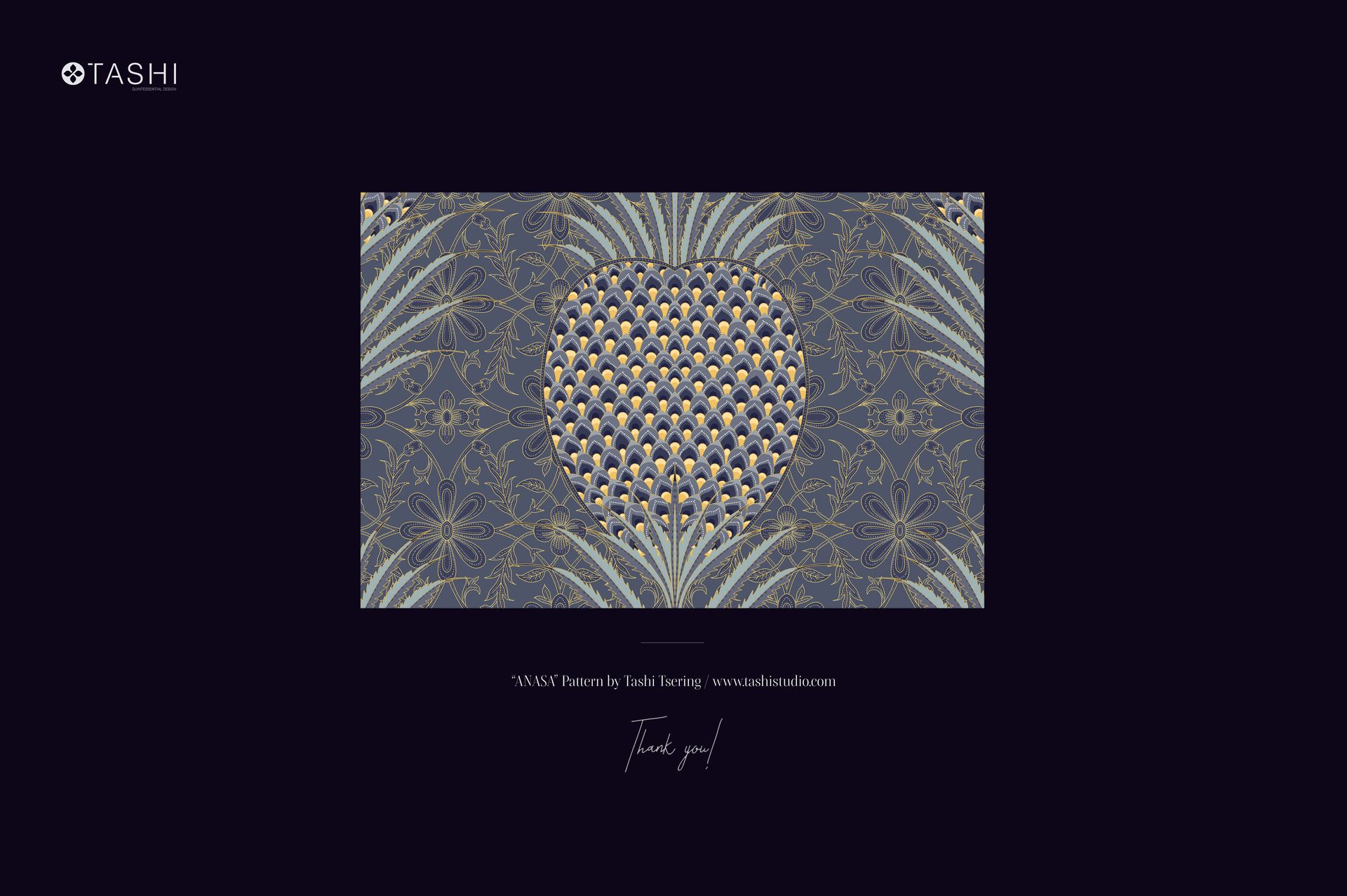 Front view of a rectangular coffee packaging mockup featuring an intricate blue and gold Anasa pattern design.