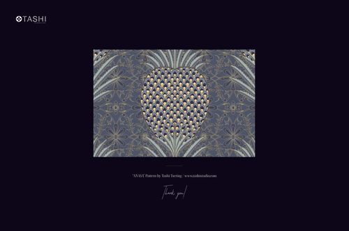 Front view of a rectangular coffee packaging mockup featuring an intricate blue and gold Anasa pattern design.