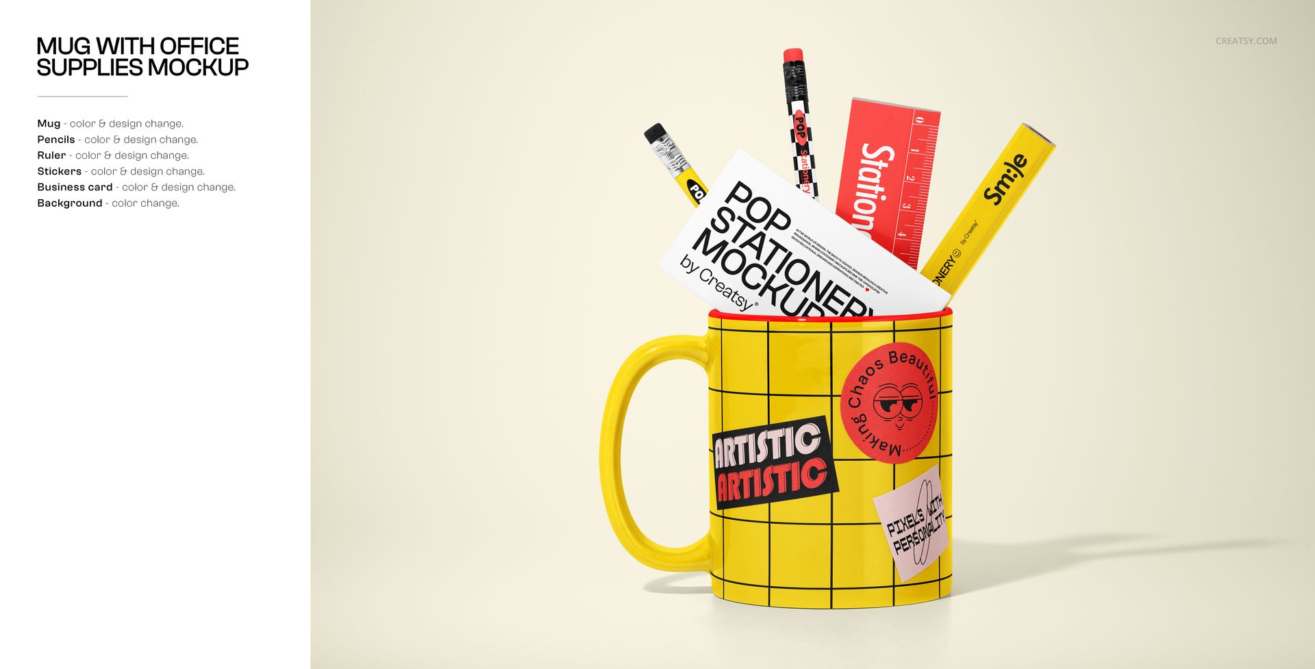 Yellow mug with a grid pattern holding various office supplies including pencils, pens, a ruler, and stationery items, front view on a light background.