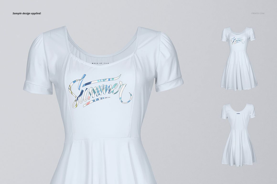 Front view of a wavy dress mockup with short sleeves, featuring a colorful 'Summer' text design on white fabric.