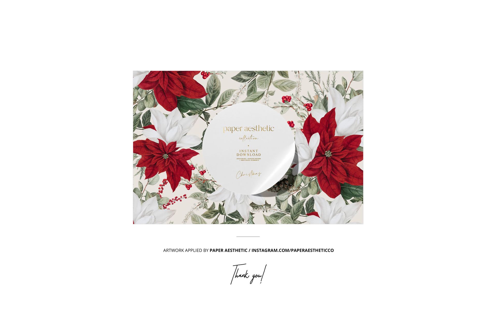 Top view of a festive plate, napkin, and tablecloth mockup featuring red and white poinsettia floral patterns.