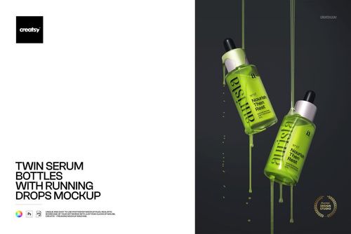 Twin Serum Bottles with Running Drops Mockup - mockup preview 1