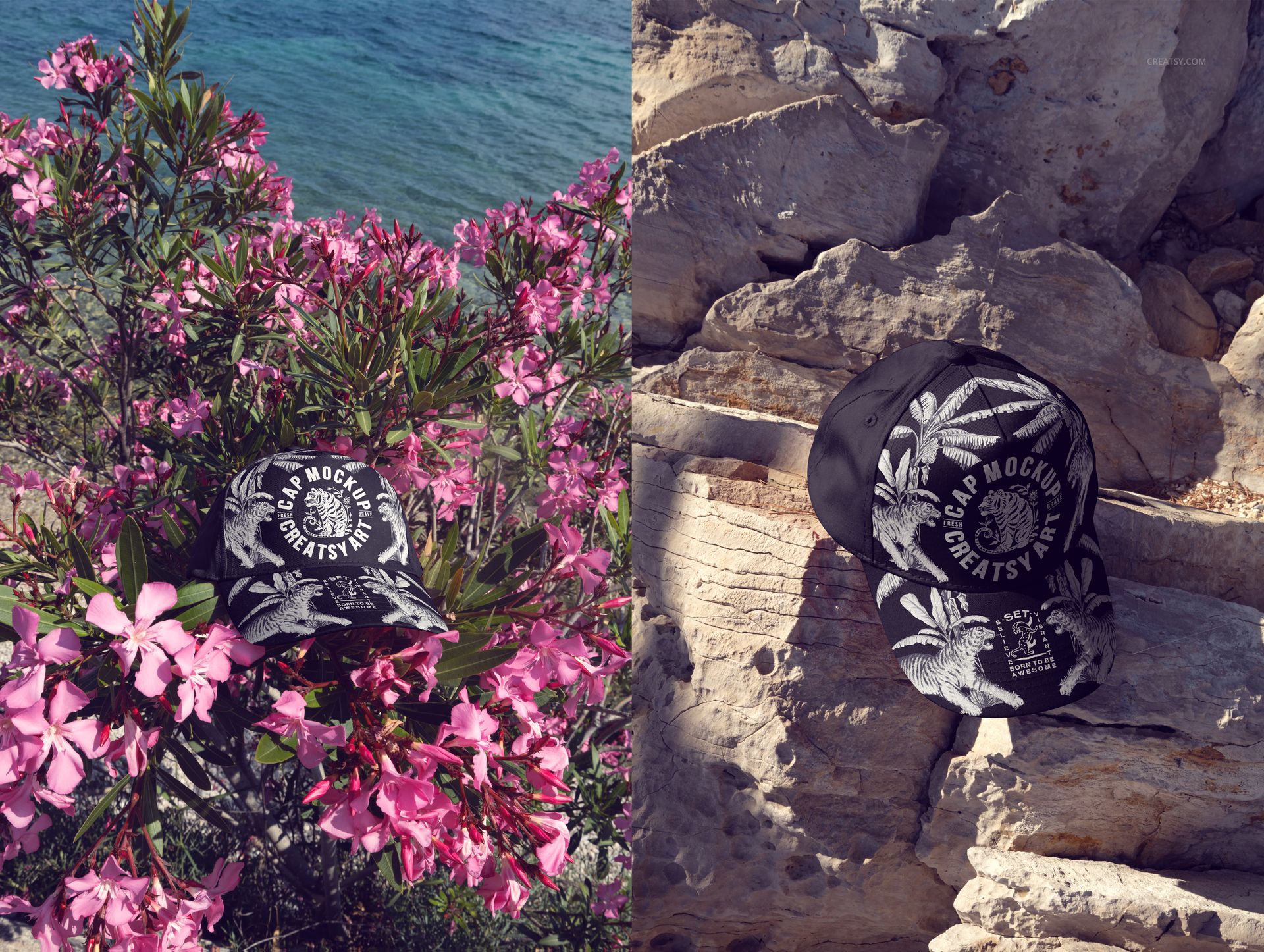Classic snapback cap mockup displayed outdoors, with one cap among pink flowers and another on rocky terrain in sunlight.