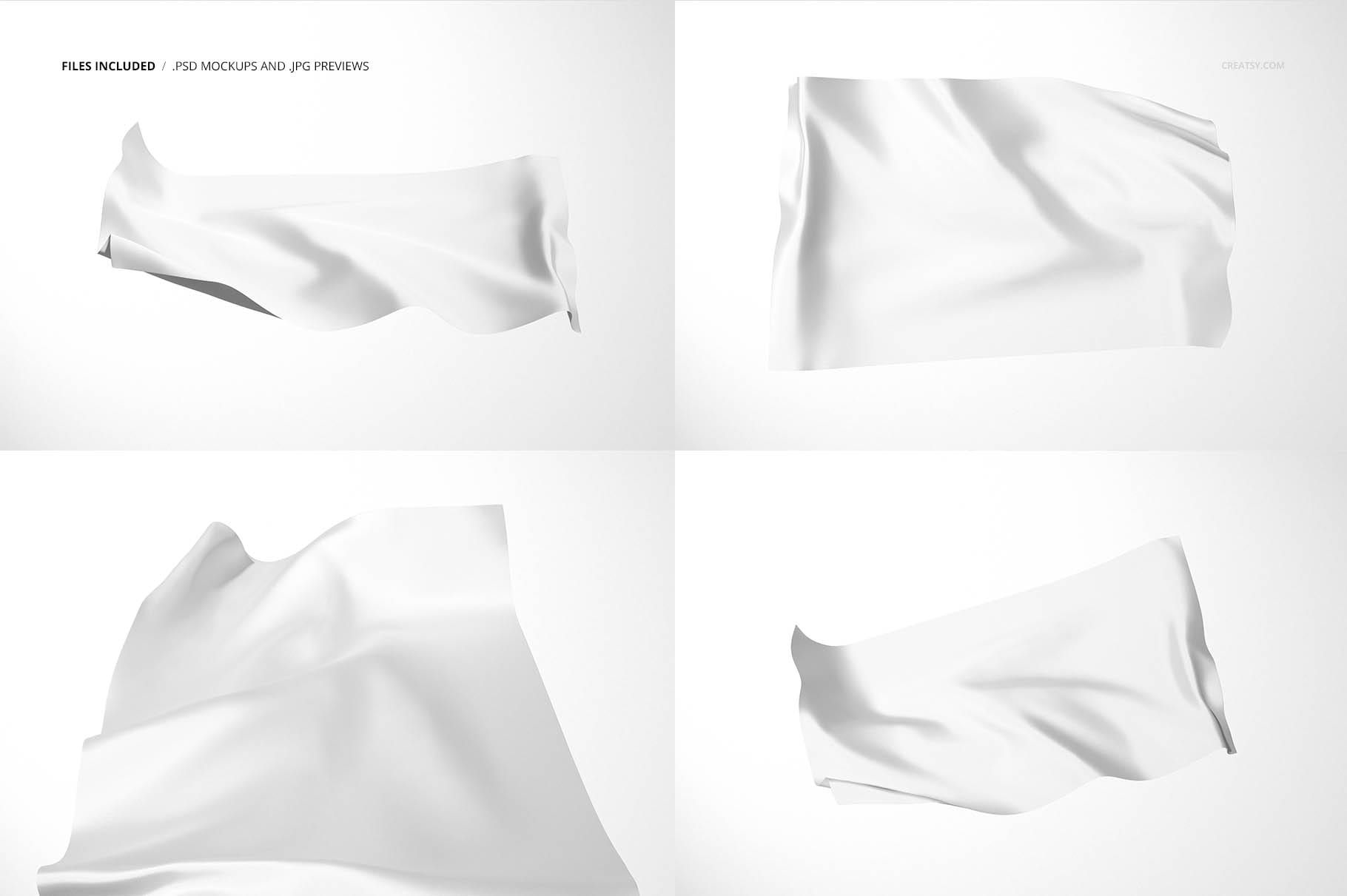 Set of four white silk swatches with soft folds, presented in varied views on a neutral background for mockup use.