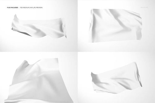 Set of four white silk swatches with soft folds, presented in varied views on a neutral background for mockup use.