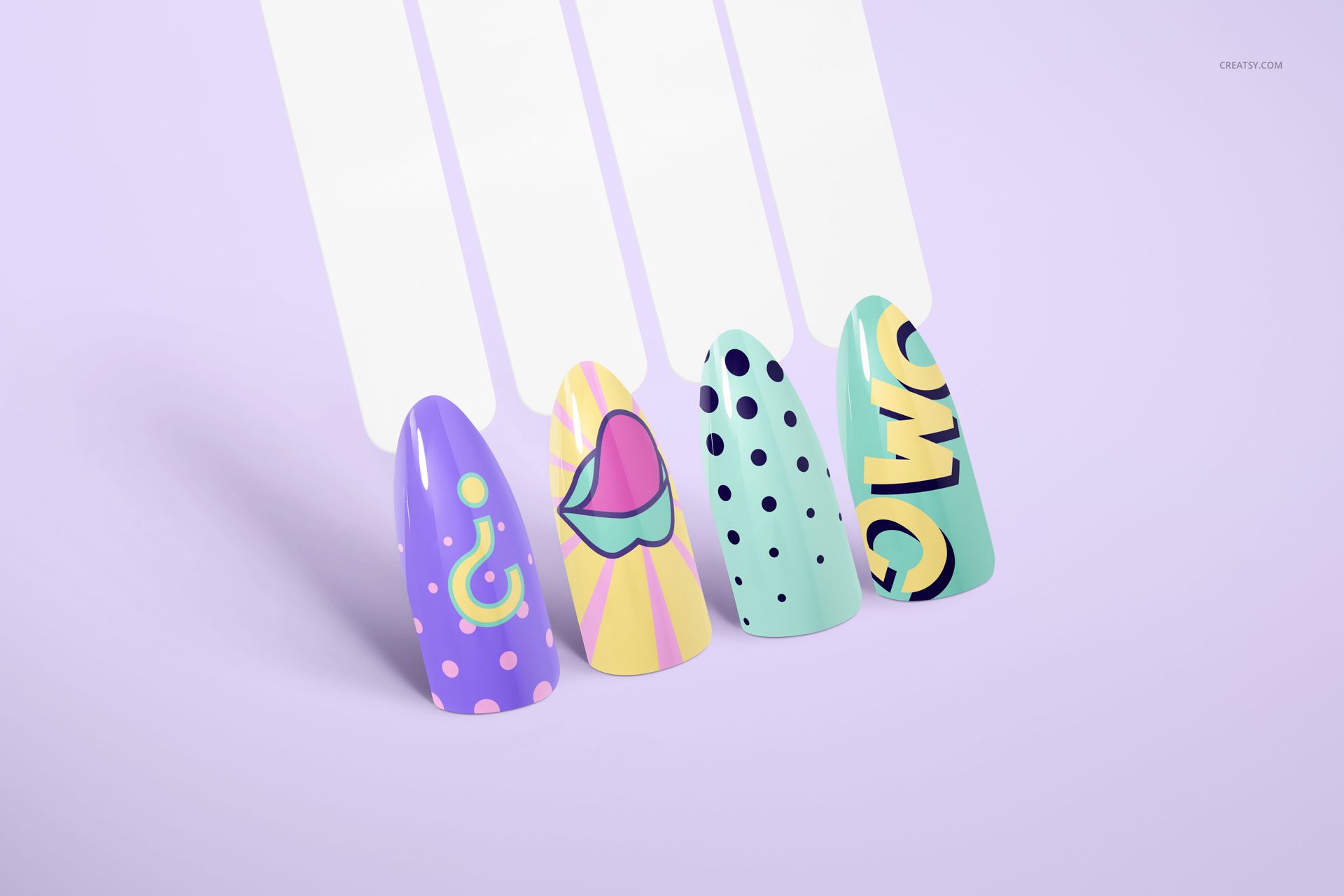 PSD mockup showing five nail tips with vibrant patterns, including polka dots and abstract shapes, on a pastel backdrop.