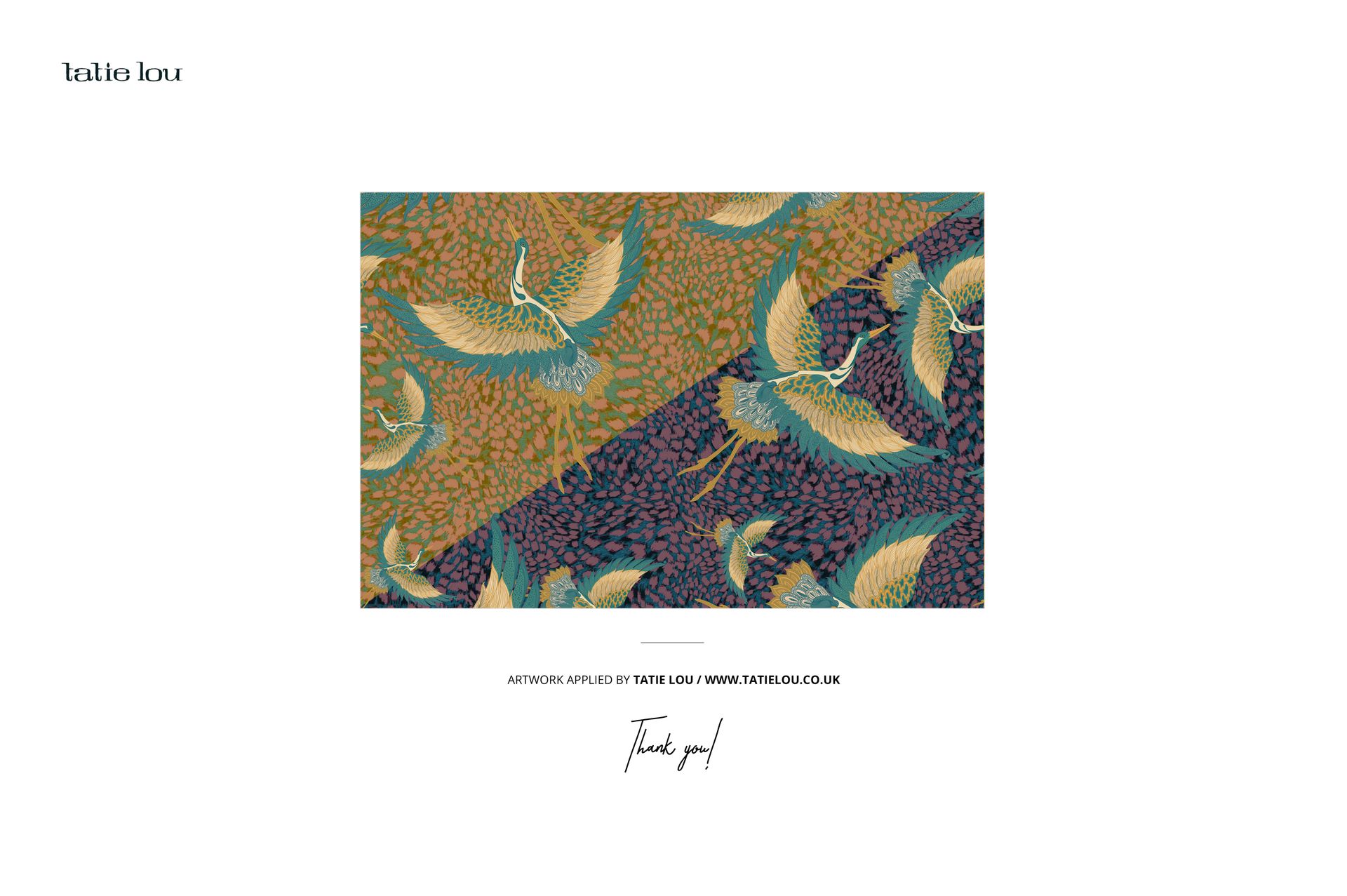 Rectangular mockup image featuring two drum lamp shade patterns with flying cranes and foliage in green and blue tones.