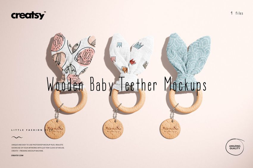 Set of three wooden baby teether mockups featuring soft fabric ears in different patterns, shown from a front angle.