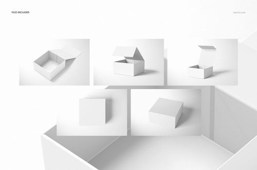 Magnetic gift box mockup set showing five white rectangular boxes in various open and closed positions on a light background.