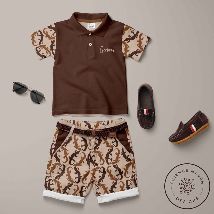 Kids polo set mockup featuring a brown short-sleeve polo shirt with text, patterned shorts, loafers, and sunglasses on a beige background.