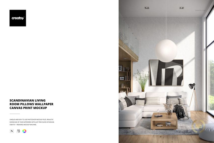 PSD mockup of a Scandinavian-style living room with neutral tones, decorative pillows, wall art, and natural light.