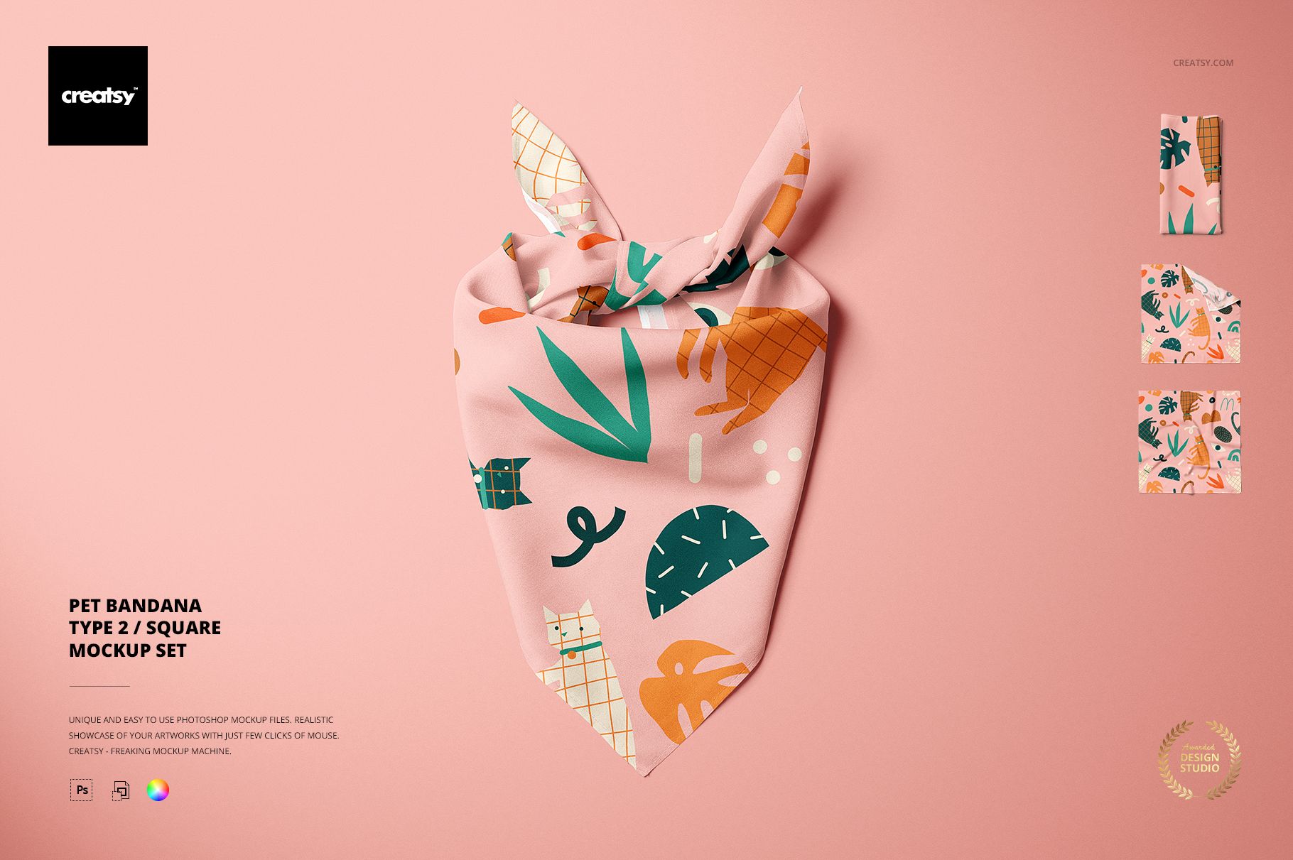 Square pet bandana with colorful abstract leaf and geometric patterns on a pink background, front view mockup.