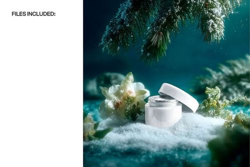 Winter-themed PSD mockup showing a cream jar in snow with evergreen foliage and floral elements, close-up perspective.