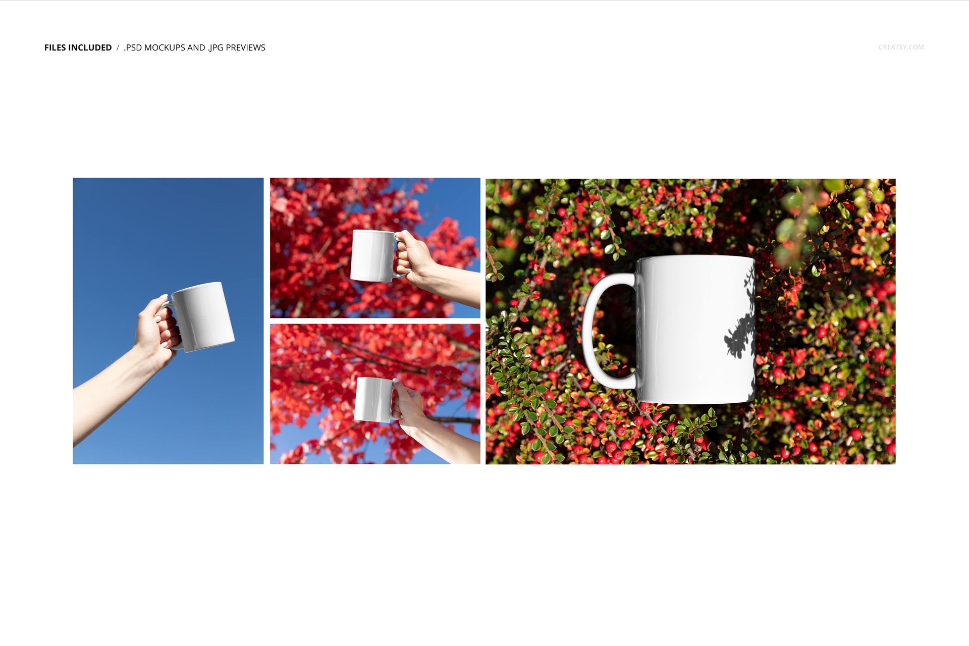 White ceramic mug held outdoors against vibrant red foliage and clear blue sky, shown from multiple angles in a mockup scene.