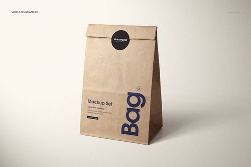 Kraft paper lunch bag mockup standing upright, showing a folded closure and blue printed lettering on beige surface.