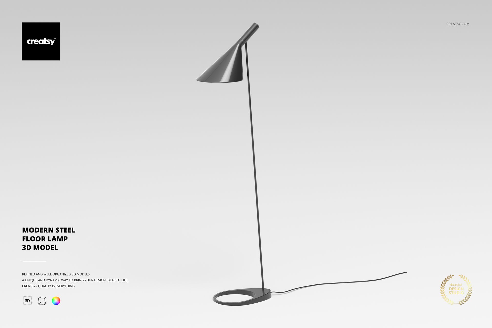 Modern steel floor lamp with a sleek angled shade and slim stand, shown in a front view on a light background.