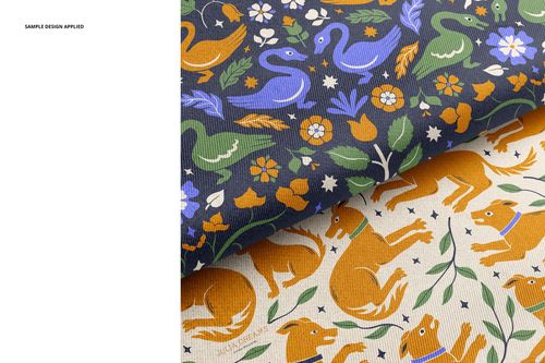 Close-up view of twill silk fabric featuring two sections with colorful animal and floral patterns in a PSD mockup.