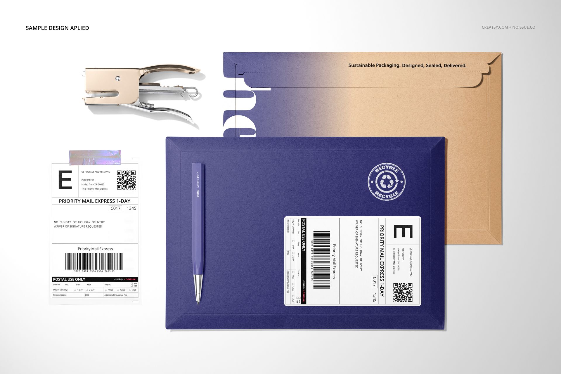 Flat lay of shipping labels mockup set featuring a purple mailer, brown envelope, pen, stapler, and printed labels.