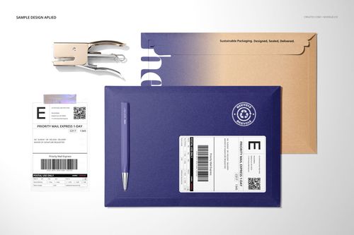 Flat lay of shipping labels mockup set featuring a purple mailer, brown envelope, pen, stapler, and printed labels.