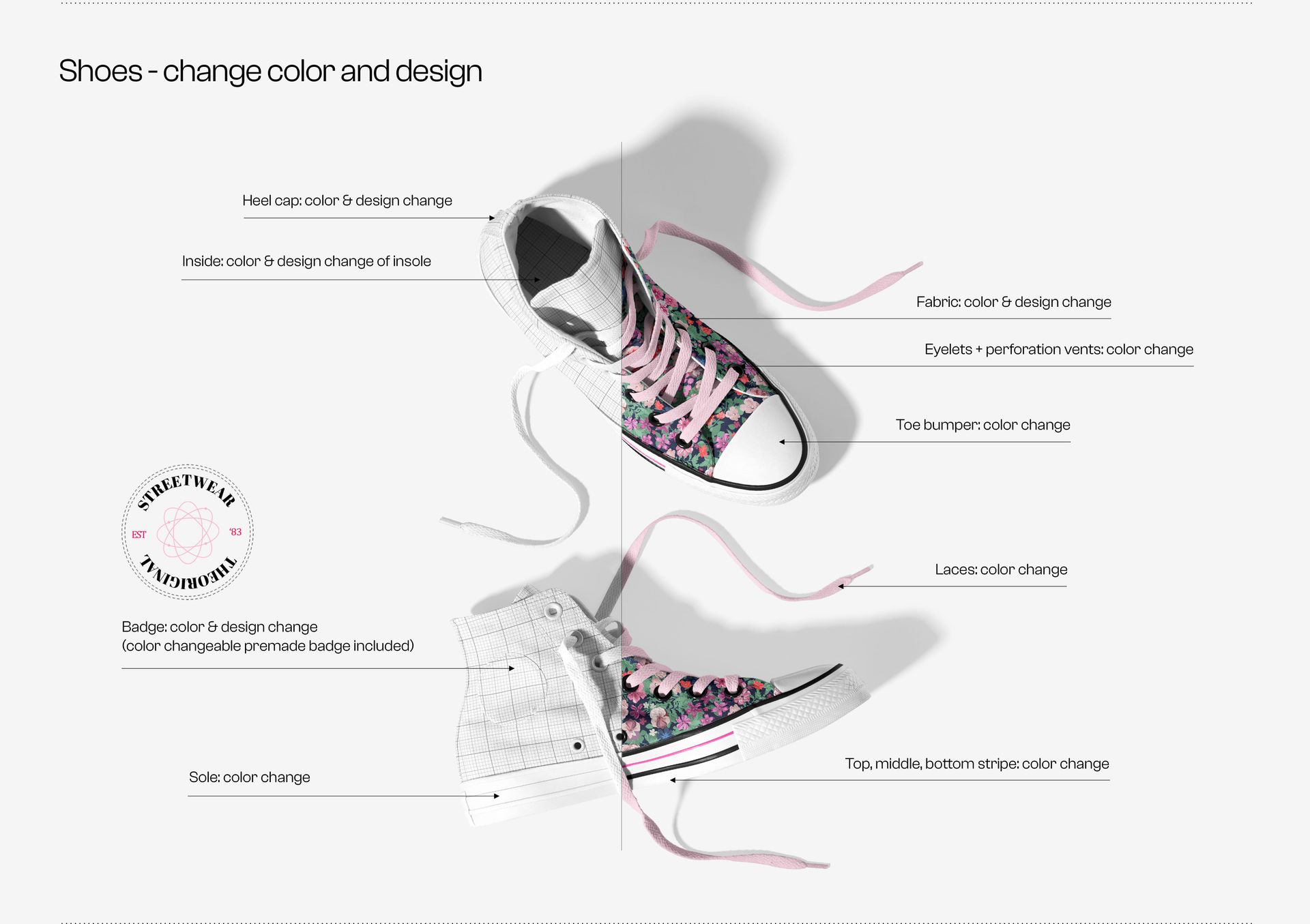 Top view of two high-top shoes, one featuring a vibrant floral print and pink laces, the other in a white grid mockup style.
