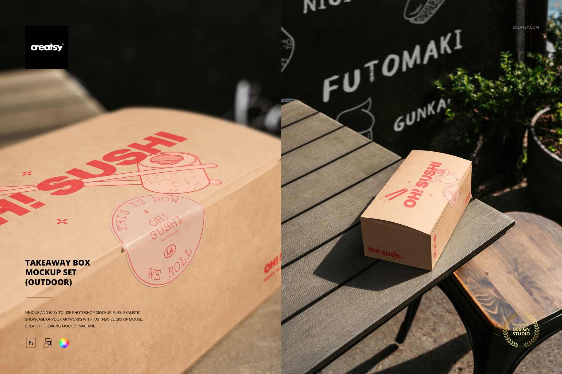 Cardboard takeaway box mockup featuring red sushi graphics, placed on patio table beside outdoor seating and blackboard wall.