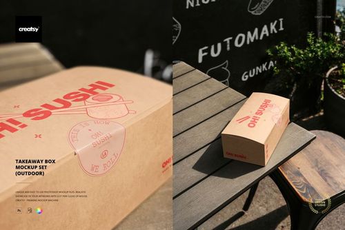 Cardboard takeaway box mockup featuring red sushi graphics, placed on patio table beside outdoor seating and blackboard wall.