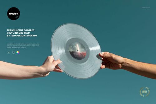 Translucent colored vinyl record held by two hands against a clear blue sky, shown in a front view mockup.