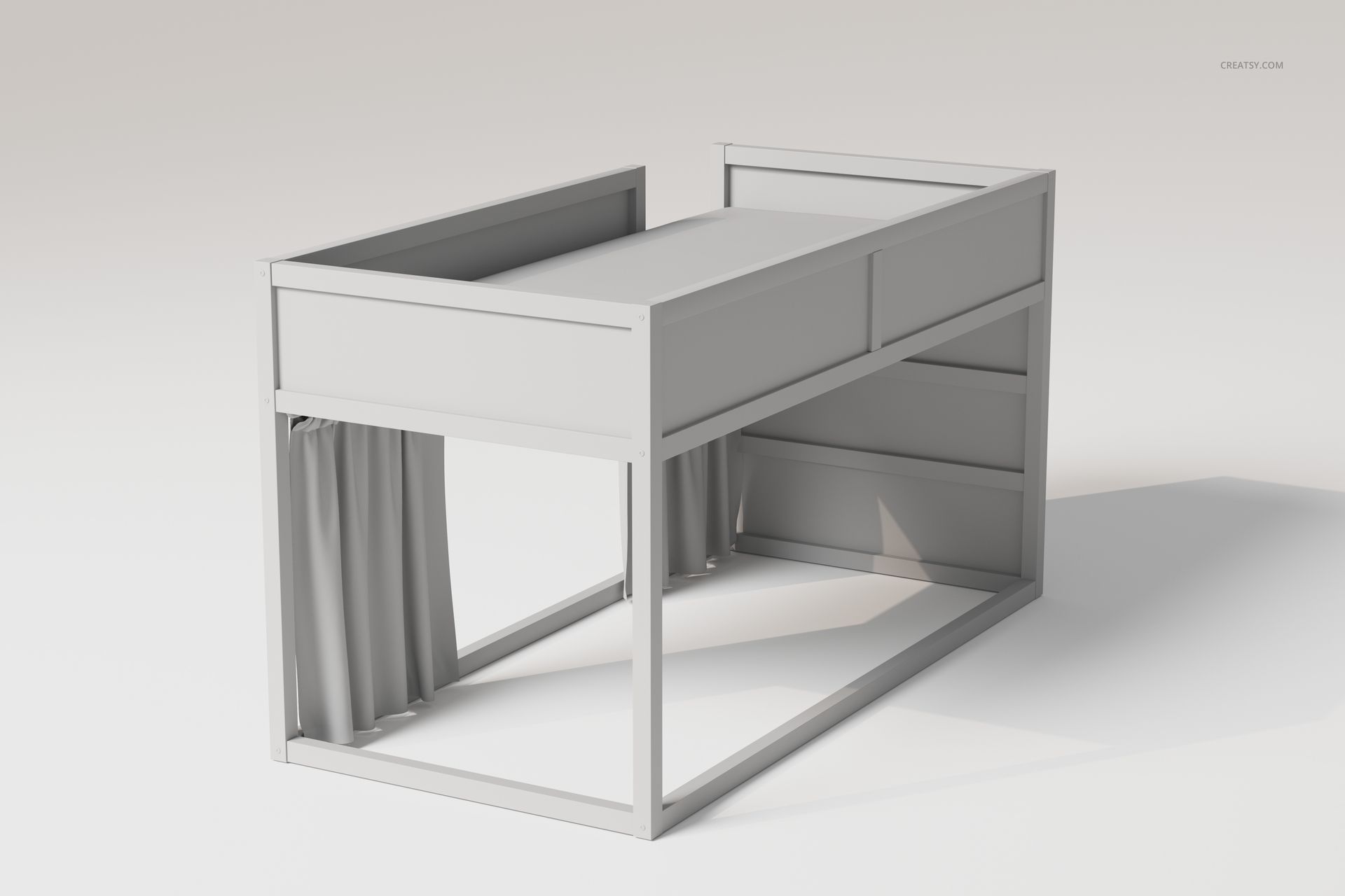 Reversible bunk bed set in a minimalist style, shown from a front angle with white frame and curtain detail.