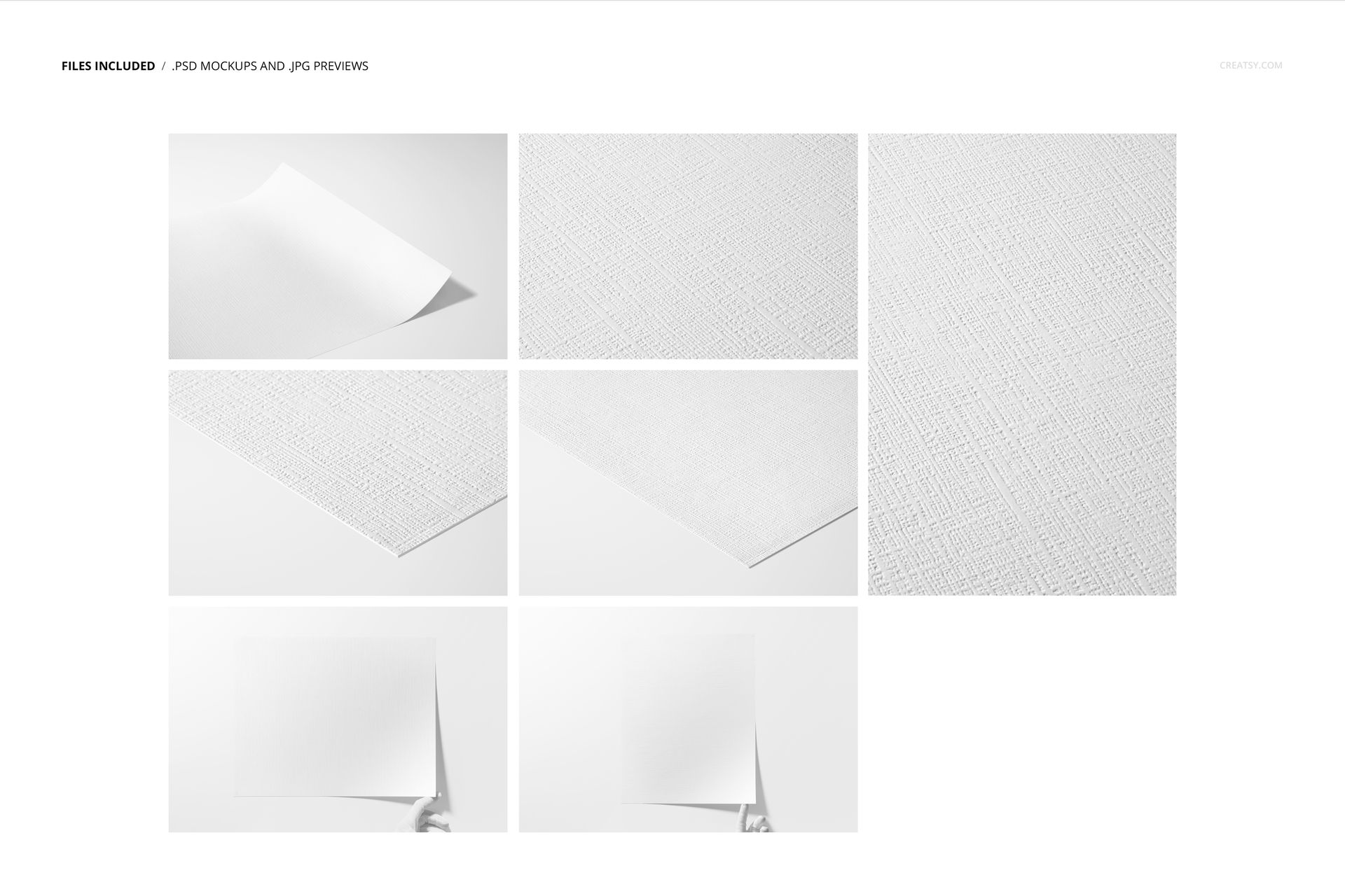 Collection of canvas paper mockups showing different perspectives, including top views and detailed texture shots.