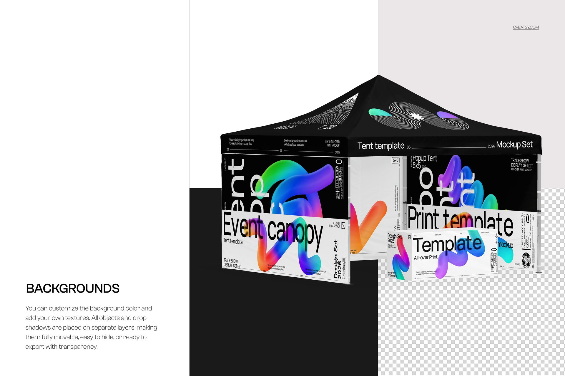 Pop up tent with a black canopy displaying colorful abstract graphics, shown in a front angled view mockup scene.