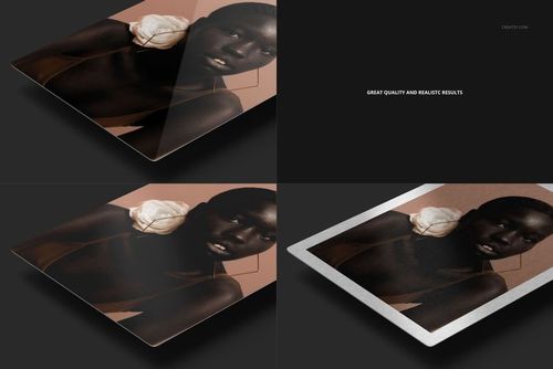 Closeup of aluminum print mockup set showing four perspectives, featuring a glossy surface and metallic edges.