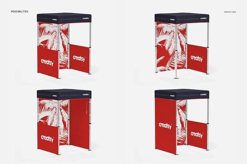 Mockup of a 5x5 pop up tent showing four configurations, each with red and white patterned panels and a dark canopy.