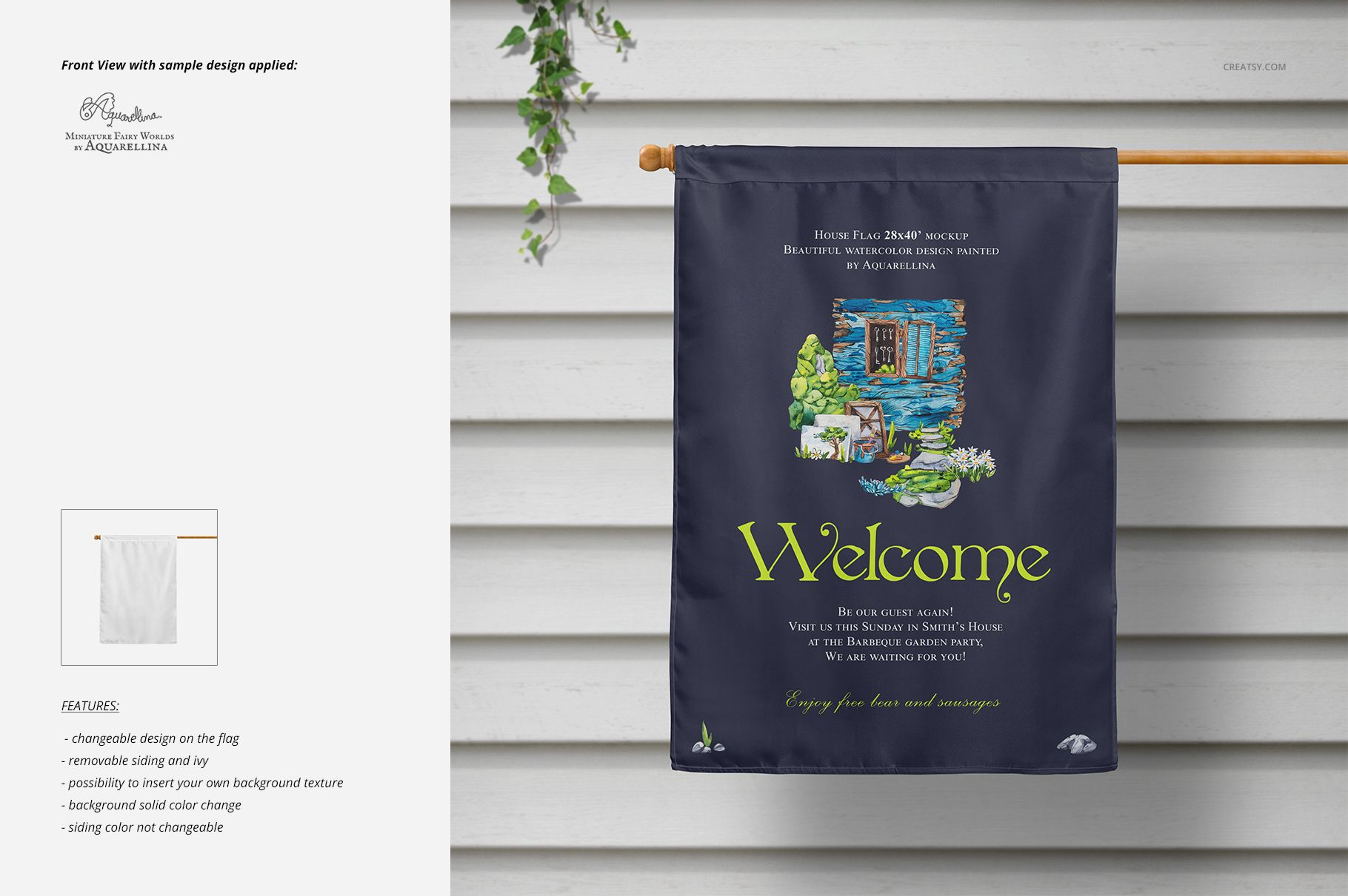 Large house flag mockup hanging on a wooden pole against white siding, featuring a dark blue background and welcome design.