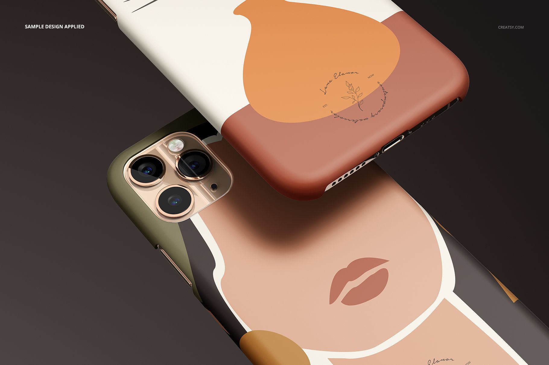 iPhone 11 Pro matte snap case mockup featuring abstract designs in earthy tones, shown from an angled top view.